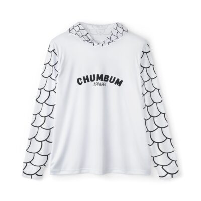 "Here Fishy, Fishy" (Wake White) Men's Fishing UPF 50+ Sports Hoodie Chum Bum Logo