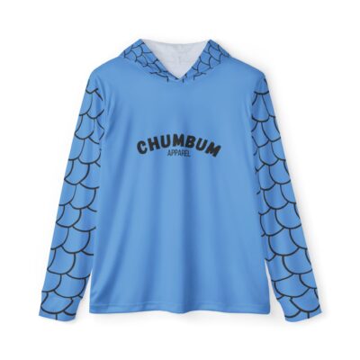 "Here Fishy, Fishy" (Fin Blue) Men's Fishing UPF 50+ Sports Hoodie Chum Bum Logo